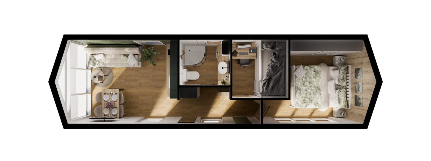 Grundriss eines Tiny Houses mit Wohnbereich, Küche, Bad, Arbeitsbereich und Schlafzimmer.