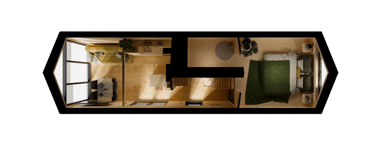 Helles Tiny House Interieur mit Holzverkleidung, Küche und gemütlichem Wohnbereich mit Ausblick.